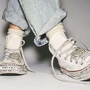 Free People White and Silver Embellished Sneakers- Nan Ku Couture